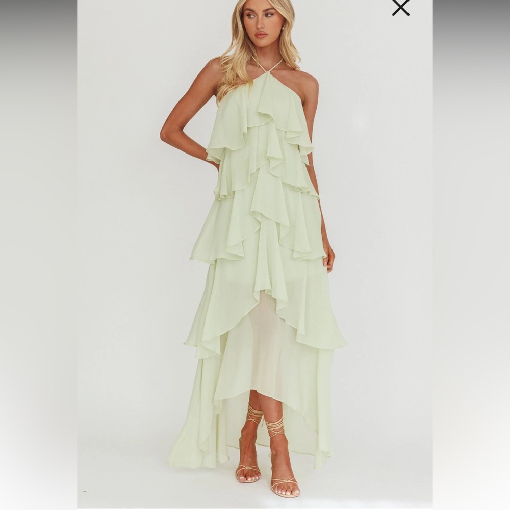 Selfie Leslie Pale Green Ruffle High-Low Maxi Dress